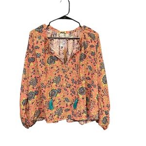 Natural life BoHo blouse women L pink green floral long sleeve V-neck tassel NWT